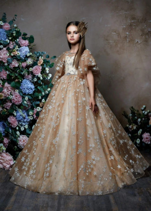 Flutter Sleeves Star Lace Tulle Keyhole Back Flower Girl Dress